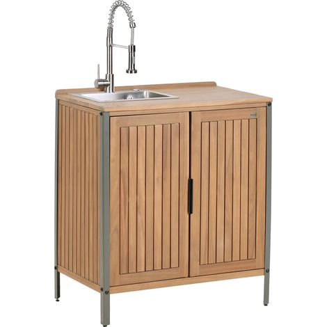Mobile da giardino in legno di acacia a 2 ante e 2 ripiani con lavello e rubinetto in legno massiccio Marrone 50 x 80 x 92 cm Ivrea
