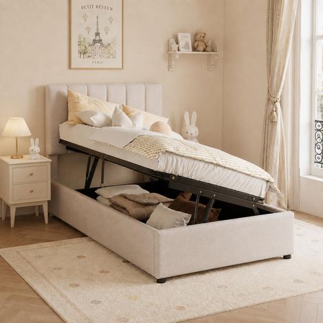 Stauraumbett 90x200 cm, Polsterbett mit hydraulischem Bettkasten für Kinder- und Jugendzimmer, verstellbares Kopfteil, Lattenrost, Leinenbezug, Beige (1/5)
