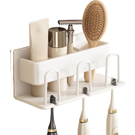 Wall-mounted toothbrush holder with cup and toothpaste holder – No-drill electric toothbrush holder for bathroom storage – Gray, black, and white metal, 21 cm (white three (1/5)