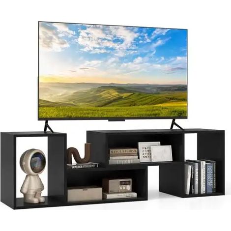 Meuble TV noir modulable 2 pièces avec étagères en L, 4 niches et patins antidérapants pour salon, chambre et bureau (1/5)
