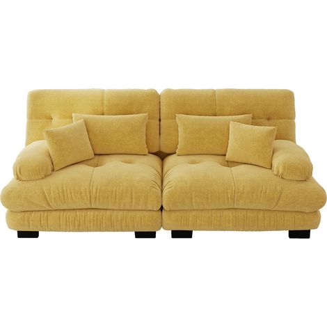Canapé Cloud d'angle pour salon, sofa double en chenille avec 2 coussins lombaires et 2 coussins déco, cadre en bois massif, jaune (1/5)
