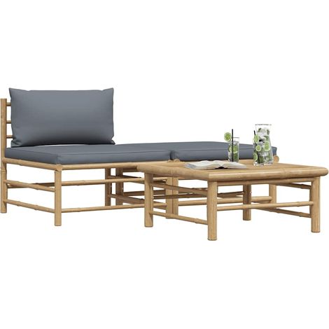 vidaXL 3-tlg. Garten-Lounge-Set mit Dunkelgrauen Kissen Bambus