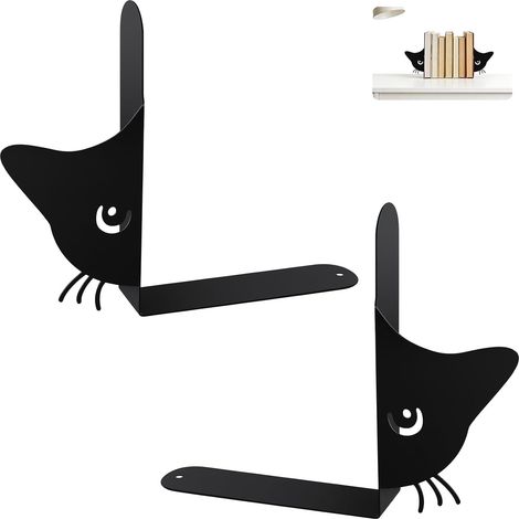 Serre-Livres en Métal Noir Motif Chat, Lot De 2 Cale Livre 18cm, Presse Livre Robuste, Support De Livres pour Étagère Bureau Bibliothèque École Décoration (1/5)