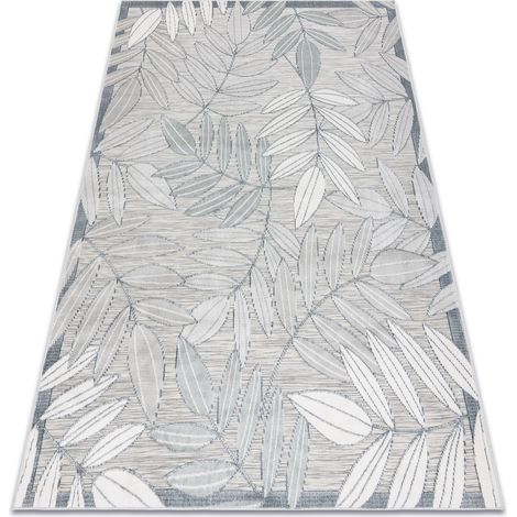 Teppich Strukturell BOTANIC 65241 Blätter flach gewebt für Balkon, Terrasse - grau grey 157x220 cm