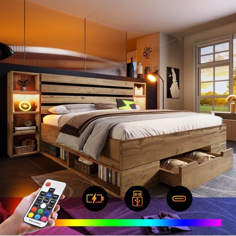 Cama doble moderna 180x200 cm en madera y metal color roble, con cabecero con almacenaje, LED, USB/Type-C, 2 cajones y somier de láminas (1/5)