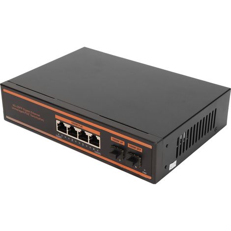 Switch PoE Gigabit 4 ports 1000 Mbps, 2 liaisons montantes 10/100 Mbps, détection PD par IA, sans ventilateur, 6 ports PoE, prise US, 100-240 V (1/5)