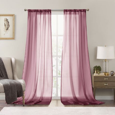 Rideaux Voile Polyester Uni Translucide - Lot de 2 Panneaux Finis 140x214 cm (55x84 pouces) - Couleur Rouge Bordeaux - Idéal Salon, Petit Appartement et Villa - Modèle Fluide et Élégant-lsw