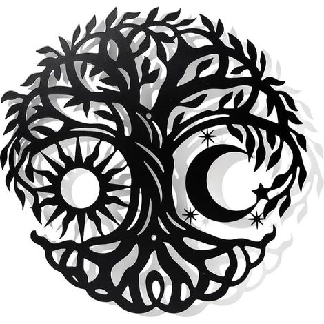 Décoration Murale Arbre de Vie en Métal, Silhouette avec Lune et Soleil, Noire, Tenture Murale Art Déco 30x30 cm pour Maison, Chambre, Salon, Salle de Bains (1/5)