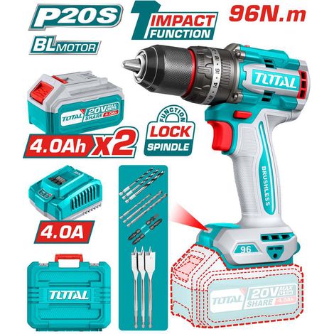 TRAPANO AVVITATORE A PERCUSSIONE 2 BATTERIE DA 4Ah 96Nm+CARICATORE+ACCESS. TOTAL