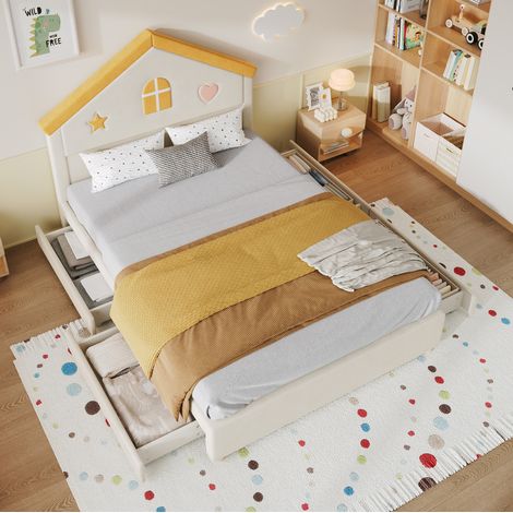 Lit enfant tapissé 140x200 cm beige avec design maison et 4 tiroirs de rangement OKWISH (1/5)
