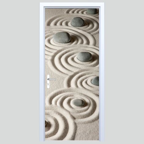 Adesivo per porta in tessuto con sabbia bianca e pietre in stile Zen 593PD