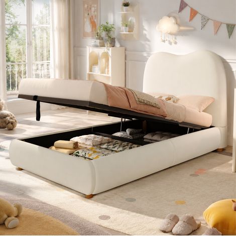 Cama infantil 90x190 cm de terciopelo beige con canapé hidráulico, sin colchón – MEUBLIV (1/5)