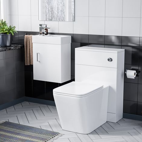 Nanuya 400mm Gloss White Wall Hung Vanity, WC Unit & Square BTW Rimless Toilet (1/5)