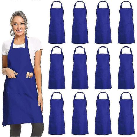 Lot de 12 tabliers unis à 2 poches - Tabliers unisexes bleus, usage commercial, compatibles avec la cuisine, la restauration, le barbecue, la peinture et les loisirs créatifs. (1/2)