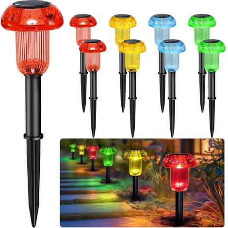 Lumières Solaires Extérieures 8PCS Lampes Jardin Etanche Lampe Sans Fil LED Imperméables Champignon 3 Couleurs Solaire Extérieur Pour Chemins Pelouse Terrasse Automatique (ROUGE VERT JAUNE) (1/4)