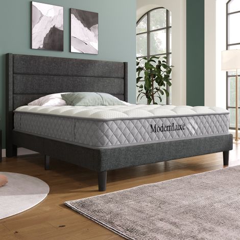 Polsterbett, Bettgestell mit Lattenrost & Kopfteil, gepolstertes Doppelbett, Textilbezug Leinen in Dunkelgrau, Zeitloses modernes Design, Jugendbett