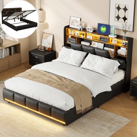Lit coffre 140x190 cm, Lit double avec tête de lit LED et USB Intégrée, Cadre de lit 140x190 cm avec sommier et rangement, PU, Noir (1/5)
