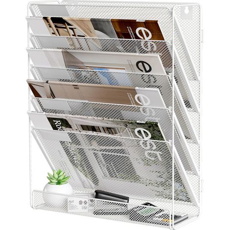 5-lagiger Dokumentenhalter aus Metall zur Wandmontage – Zeitschriftenhalter, Schreibtisch-Organizer mit A4-Halter für Papier, Post und Dokumente – Aufbewahrungsregal, weiß (Büro, Schule, Zuhause)