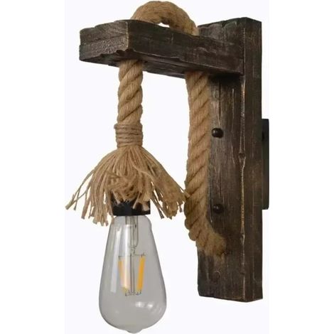 Diwzbyn applique murale d'intérieur moderne, applique en bois, lampe vintage en corde de chanvre E27 pour couloir, chambre, restaurant, bar (ampoules non incluses) (1/5)