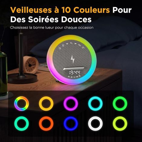 Lampe de Charge sans Fil avec Enceinte, Lampe avec Veilleuse RVB, Réveil Numérique, Support de Charge pour Téléphone, pour Chambre, Camping, Bureau à Domicile (1/4)