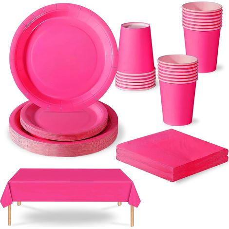 69 pièces Vaisselle Jetable Couleur Rose,Comprend Assiettes Carton Jetable Tasses Serviettesr en Papier et Nappe,Kit Decoration Anniversaire Fêtes Pique-niques Mariage Noël,Biodégradables,Recyclable (1/5)