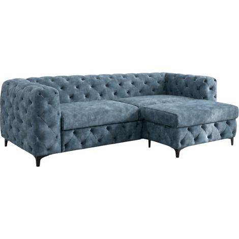 Sofá de esquina VELENA 4 plazas con puf - Terciopelo azul capitoné - 235 x 74 x 157 cm (1/5)