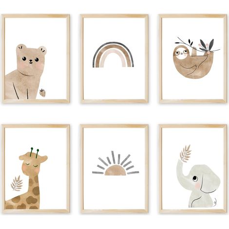 Affiche Enfant - 6 Affiches A4 21 x 29,7 cm - Décoration Chambre Enfant Fille Garçon - Animaux Motifs Doux - Papier 300 g Mat ou Brillant - Sans Cadre (1/5)