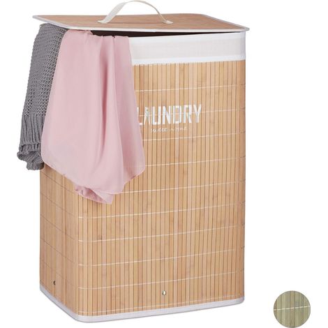 Relaxdays Cesto Portabiancheria in bambù, Rettangolare, Pieghevole, con Coperchio, con Scritta Laundry, HxLxP: 60 x 40 x 30 cm, Legno Naturale (1/5)