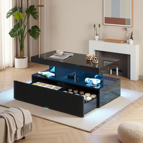 Table Basse 105 cm, rectangulaire, avec éclairage LED, Tiroirs, Haute Brillance Plateau en MDF, style Moderne, Table de salon - Noir