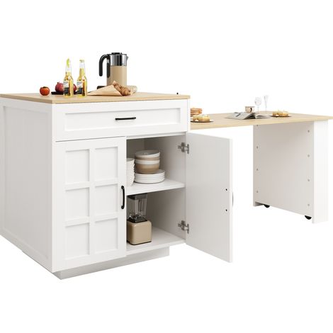 Table bar extensible avec rangement, îlot de cuisine 133 à 202 cm, 2 tiroirs, 4 niches, plateau effet marbre blanc, MDF, pour 2 à 6 personnes  CHICFURN (1/5)