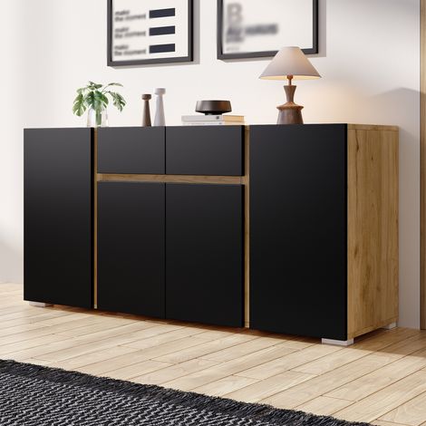 Modernluxe - Buffet moderne 140x35x70 cm - 4 portes et 2 tiroirs - Étagères intérieures réglables - MDF - Finition bois naturel et noir (1/5)