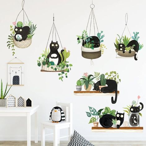 Sticker mural - AIMOONSA - Cactus plante en pot - Chat noir - PVC non toxique repositionnable - 90x60 cm (1/5)