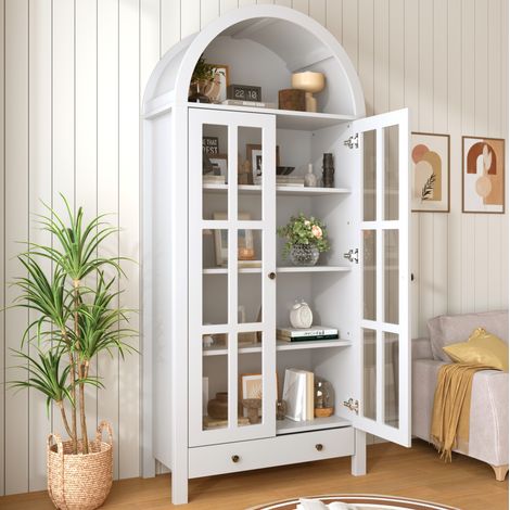 Vitrina de pie (75x35x170.5 cm), con diseño de arco, estantes y cajón, MDF blanco (1/5)