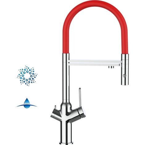 Rubinetto 4 vie miscelatore cucina cromato con canale separato per acqua filtrata, canna rossa movibile e doccia due getti staccabile - serie BOD