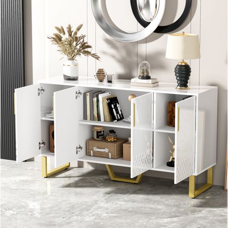 Buffet 140x40x80 cm blanc brillant en MDF avec 4 portes, motif géométrique et pieds en métal (1/5)