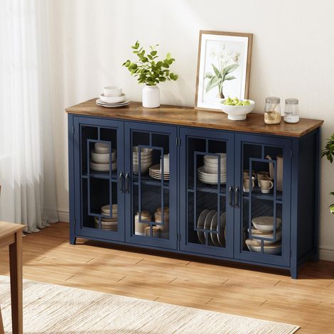 Buffet de cuisine 160x40x86cm avec portes vitrées et plan de travail aspect bois - mdf - bleu (1/5)