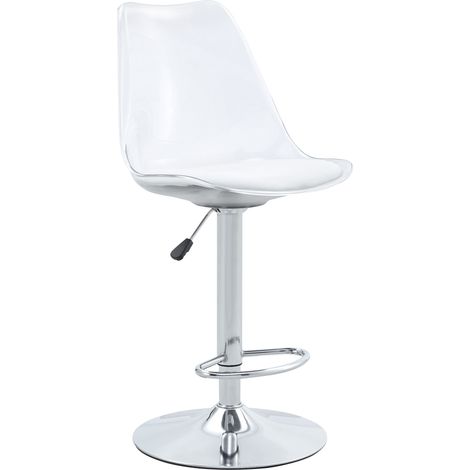 Lot de 2 tabourets de bar réglables avec dossier transparent en plastique, assise en cuir PU blanc, pieds métalliques argentés (1/5)