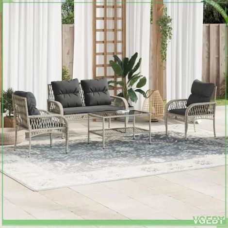 Salon de jardin 4 pcs - FAFEICY - 368732 - Résine tressée gris clair - Coussins déhoussables - Table verre trempé (1/5)