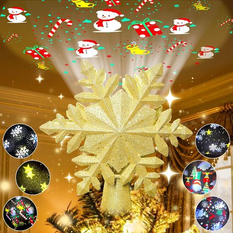Sommet de sapin de Noël projecteur flocon de neige doré, 6 motifs rotatifs, décoration intérieure bureau salon, 22x22x25cm (1/4)