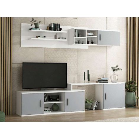 Composición de salón Benalúa en blanco y aluminio. De 220 a 270 cm de ancho. Se sirve montado. (1/2)