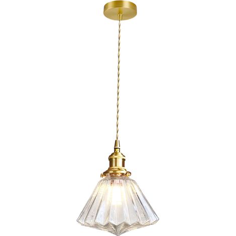 Suspension Vintage Dorée avec Abat-jour en Verre, Design Géométrique, Douille E27 avec Interrupteur Rotatif, Idéale pour la Cuisine et la Salle à Manger (Transparent) (1/5)