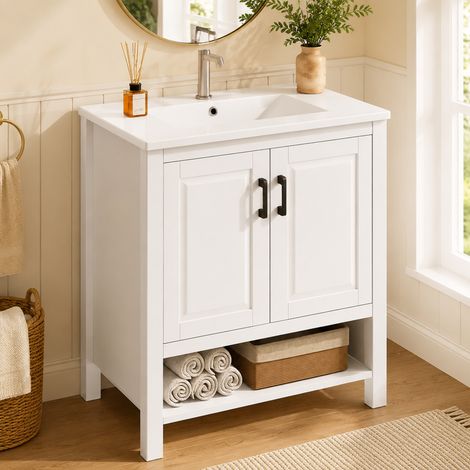 BATDTECH - Mueble de Baño con Lavabo de Cerámica 76.5cm, Mueble Lavabo Suelo Blanco con Puertas y Estante Abierto, Armario de Baño Moderno con Cierre Suave y Diseño de Marco 3D (1/5)