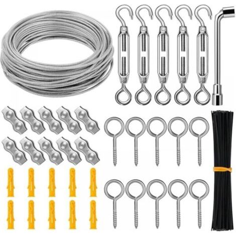 Corde Cable Acier Inoxydable à Suspendre Kit, 30M/3mm Câble Métallique, Kit de Câble de Jardin, Câble d'Image, Kit de Clôture, Câble en Acier Robuste, Tendeur Fil et Crochet, Duplex Clips Serr (1/3)