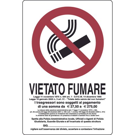 CARTELLO SEGNALETICO VIETATO FUMARE CON LEGGE  cm. 20x30 10.00 pz
