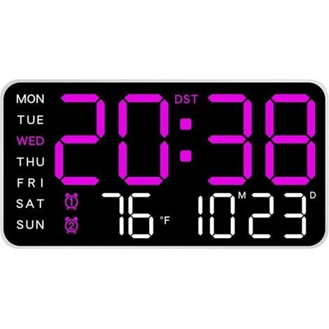 Horloge murale numérique, écran 8,46 pouces, calendrier, alarme, jour de la semaine, température, 1 port USB, 2 alarmes LED, idéale pour le bureau, le salon, la chambre ou les personnes âgées.