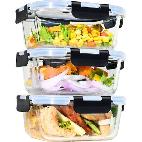 Recipientes de vidrio para almacenar alimentos, diseño hermético, aptos para microondas, 3 x 800 ml, M-a (1/2)