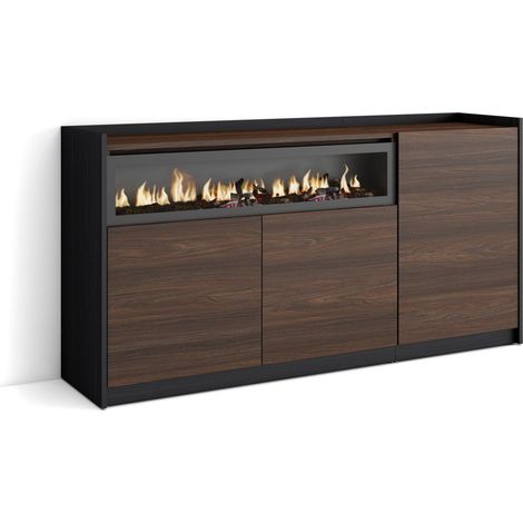 Skraut Home - Aparadores para salón, 156x37x80cm, 3 Puertas, Chimenea eléctrica, Roble oscuro y Negro (1/5)