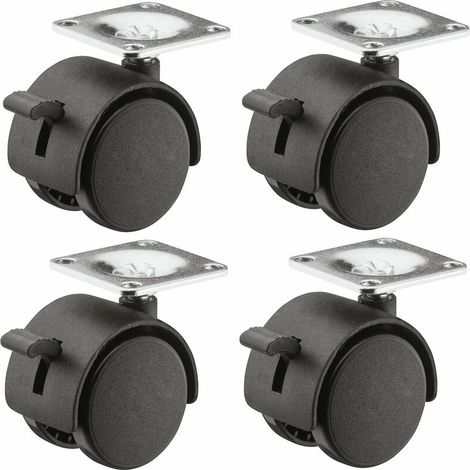 – Lot de 4 roulettes pivotantes 30mm avec frein – Charge 20kg par roulette – Base acier pour meubles – Fixation par trous inclus (1/2)