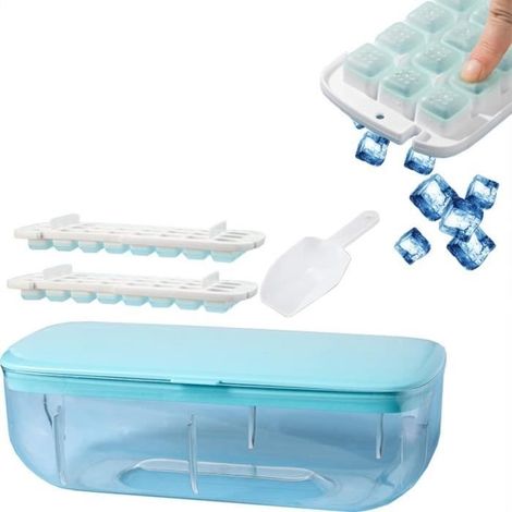 Ice Cube Tray with Lid and Bin,Press Type Ice Cube Maker,Ice Cube Tray with Lid and Bin,One Second Release All Ice Cubes+Scoop+bleu (1/4)