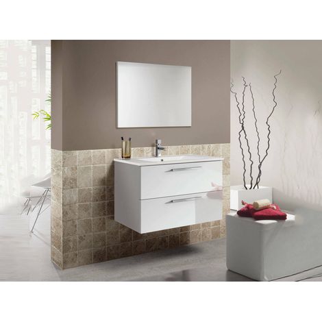 Dmora Unterschrank Inglewood, Abgehängter Badezimmerschrank, Kleiderschrank mit 2 Schubladen und Spiegel, cm 80x45h57, Glänzend weiß (1/5)